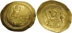 BYZANTINE AND EARLY MEDIEVAL COINS Constantine IX Monomachus, 1042-1055. Histamenon (Gold, 30mm, 4.43 g 5), Constantinople. +IhS XIS REX REGNANTIhM Christ, nimbate, seated facing on lyre-backed throne