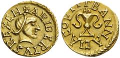 BYZANTINE AND EARLY MEDIEVAL COINS MEROVINGIANS, Banassac. Charibert II, 629-632. Tremissis (Gold, 12mm, 1.26 g 6). CH+ARIBERTVS REX Diademed head of Charibert to right. Rev. BANNACIACO FIT Chalice, s