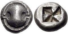 GREEK COINS BOEOTIA, Thebes. 525-480 BC. Drachm (Silver, 14mm, 6.10 g). Boeotian shield. Rev. Incuse square with clockwise mill-sail pattern. BMC 5. BCD Boiotia 318 & 625g. Nicely toned. Minor marks, 