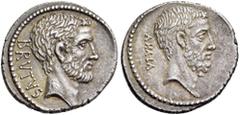 ROMAN REPUBLICAN COINS M. Junius Brutus, 54 BC. Denarius (Silver, 19mm, 3.61 g 3), Rome. BRVTVS Bearded head of L. Junius Brutus (Cos 509) to right. Rev. AHALA Bearded head of C. Servilius Ahala to ri