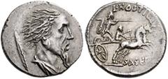 ROMAN REPUBLICAN COINS L. Hostilius Saserna, 48 BC. Denarius (Silver, 18mm, 4.16 g 11), Rome. Bearded male head to right, his hair straggling out behind him; cloak around neck and Gallic shield behind