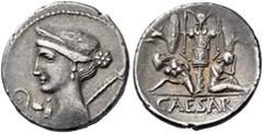 ROMAN REPUBLICAN COINS Julius Caesar, 46-45 BC. Denarius (Silver, 18mm, 3.91 g 5), military mint traveling with Caesar in Spain. Diademed and draped bust of Venus to left, with Cupid on her left shoul