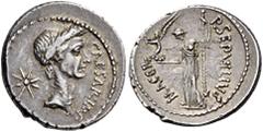 ROMAN REPUBLICAN COINS Julius Caesar, second half of February, 44 BC. Denarius (Silver, 18mm, 3.48 g 10), with P. Sepullius Macer, Rome. CAESAR IMP Laureate head of Caesar to right; behind head, eight