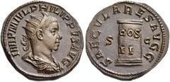 ROMAN IMPERIAL COINS Philip II, 247-249. Dupondius (Orichalcum, 25mm, 11.54 g 12), Rome, 249. IMP M IVL PHILIPPVS AVG Radiate, draped and cuirassed bust of Philip II to right. Rev. SAECLARES AVGG / S 