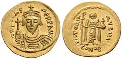 BYZANTINE AND MEDIEVAL COINS Phocas, 602-610. Solidus (Gold, 20mm, 4.50 g 7), Constantinople, 10th officina (I), 609-610. dN FOCAS PERP AVC Draped and cuirassed bust of Phocas facing, wearing crown an