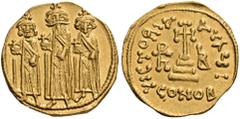 BYZANTINE AND MEDIEVAL COINS Heraclius, with Heraclius Constantine and Heraclonas, 610-641. Solidus (Gold, 20mm, 4.41 g 6), Constantinople, indictional year IB = 12 = 638/639. Heraclonas, wearing cap 