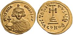 BYZANTINE AND MEDIEVAL COINS Justinian II, first reign, 685-695. Solidus (Gold, 20mm, 4.27 g 6), Constantinople, 685/6. IUSTINIA-NUS PE AV Crowned very youthful bust of Justinian II facing, with a cro