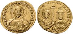 BYZANTINE AND MEDIEVAL COINS Nicephorus II Phocas, 963-969. Histamenon nomisma (Gold, 19mm, 4.43 g 6), Constantinople. +IhS XIS REX REGNANTIhM Bust of Christ Pantocrator facing, wearing cross nimbus a