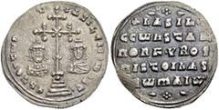 BYZANTINE AND MEDIEVAL COINS Basil II Bulgaroktonos, with Constantine VIII, 976-1025. Miliaresion (Silver, 23mm, 2.90 g 6), Constantinople, 977-989. En TOVTω nICA T' bASILEI C CωnST' Patriarchal cross