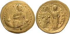 BYZANTINE AND MEDIEVAL COINS Romanus III Argyrus, 1028-1034. Histamenon (Gold, 24mm, 4.39 g 6), Constantinople. +IhS XIS REX REGNANTIhM Christ Pantocrator seated facing on throne, holding book of Gosp
