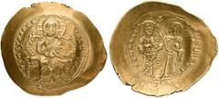 BYZANTINE AND MEDIEVAL COINS Constantine X Ducas, 1059-1067. Histamenon (Gold, 27mm, 4.47 g 6), Constantinople. +IhS IXS REX REGNANTIhm Christ, nimbate, seated facing on lyre-backed throne, raising ri