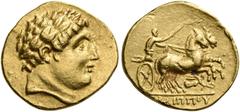 CELTIC COINS Switzerland. Helvetii (?). Late 4th or early 3rd century BC. Stater (Gold, 20 mm, 8.37 g, 1 h), imitating Philip II of Laureate head of Apollo to right. Rev. [Φ]IΛIΠΠOY Charioteer, holdin