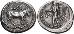 GREEK COINS Sicily. Katane. Circa 461-450 BC. Tetradrachm (Silver, 30 mm, 17.25 g, 12 h). Man-headed bull (river god Amenanos) walking to right; above, satyr running right; in exergue, ketos swimming 