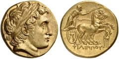 GREEK COINS Kings of Macedon. Philip II, 359-336 BC. Stater (Gold, 17 mm, 8.64 g, 11 h), Struck under Philip III, Kolophon, 323-317. Laureate head of Apollo to right, with the features of Alexander II