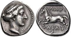 GREEK COINS Thessaly. Larissa. Early to mid 4th Century BC. Drachm (Silver, 19 mm, 6.03 g, 1 h). Head of the nymph Larissa to right, her hair bound in a plain sakkos. Rev. ΛΑΡΙ-ΣΑΙA (partially retrogr