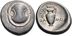 GREEK COINS Boeotia. Thebes. Circa 395-338 BC. Stater (Silver, 23 mm, 12.21 g), Damo... Boeotian shield. Rev. ΔΑ-ΜΟ Amphora, with ivy spray hanging from left handle; above, club to left. BCD Boiotia 4