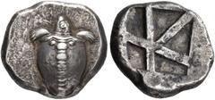 GREEK COINS Islands off Attica. Aegina. Circa 480-457 BC. Stater (Silver, 22 mm, 12.40 g), "Large skew" reverse. Sea turtle with line of five large pellets down the back of its shell, and two smaller 