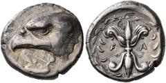GREEK COINS Elis. Olympia. 91st Olympiad, 416 BC. Stater (Silver, 22 mm, 11.93 g, 2 h), signed by Da.... Eagle's head to left; below, large white poplar leaf with the signature ΔΑ below the center vei