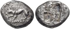 GREEK COINS Asia Minor. ASIA MINOR, Ionia or Lydia. Uncertain city. Circa 600-560 BC. Drachm (Silver, 14 mm, 3.82 g). Wolf, eating bunch of grapes held by his right paw, standing to left on base compo