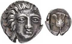 GREEK COINS Islands off Caria. Rhodos. Rhodes. Circa 408/7-390 BC. Hemidrachm (Silver, 12 mm, 2.02 g, 11 h). Head of Helios facing, turned slightly to the right. Rev. P O Rose within an incuse square.