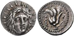 GREEK COINS Islands off Caria. Rhodos. Rhodes. Circa 250-229 BC. Didrachm (Silver, 20 mm, 6.72 g, 12 h), Mnasimachos. Radiate head of Helios facing, turned slightly to the right. Rev. ΜΝΑΣΙΜΑΧΟΣ Rose 