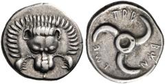 GREEK COINS Dynasts of Lycia. Trbbenimi, circa 390-370 BC. Third stater (Silver, 17 mm, 3.11 g), Wedrei. Lion's scalp facing; below, F. Rev. Trbbenimi in Lycian Triskeles to left, with empty central c