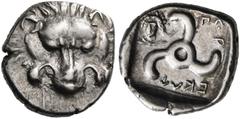 GREEK COINS Dynasts of Lycia. Perikles, circa 380-360 BC. Third stater (Silver, 16 mm, 3.04 g, 11 h), Antiphellos. Lion's scalp facing. Rev. Perikle in Lycian triskeles to left; in upper left field, d