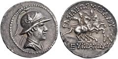 GREEK COINS Baktria. Greco-Baktrian Kingdom. Eukratides I, circa 170-145 BC. Drachm (Silver, 21 mm, 4.22 g, 11 h). Diademed and draped bust of Eukratides to right, wearing Macedonian helmet adorned wi
