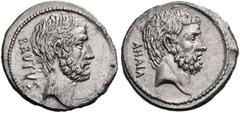 ROMAN REPUBLICAN COINS M. Junius Brutus, 54 BC. Denarius (Silver, 18 mm, 3.76 g). BRVTVS Bearded head of L. Junius Brutus (Cos 509) to right. Rev. AHALA Bearded head of C. Servilius Ahala to right. Ba