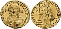 BYZANTINE COINS Justinian II, First reign, 685-695. Solidus (Gold, 20 mm, 4.34 g, 7 h), Constantinople 4th officina, 692-695. IhS CRIStOS REX REGNANTIЧM Draped bust of Christ facing, with long hair an