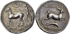 GREEK COINS Sicily. Messana. 412-408 BC. Tetradrachm (Silver, 27.4 mm, 17.40 g, 1 h). The nymph Messana, wearing a chiton and holding the reins in both hands, driving mule-biga walking to left; above,