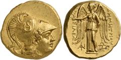 GREEK COINS Kings of Macedon. Demetrios I Poliorketes, 306-283 BC. Stater (Gold, 19 mm, 8.57 g, 7 h), Pella, 293-292. Head of Athena to right, wearing Corinthian helmet adorned with a coiled serpent. 