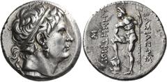 GREEK COINS Kings of Macedon. Demetrios I Poliorketes, 306-283 BC. Tetradrachm (Silver, 28 mm, 17.28 g, 2 h), Chalcis, 291-290. Diademed head of Demetrios to right, wearing bull's horn above his foreh