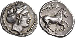 GREEK COINS Thessaly. Larissa. Circa 420-400 BC. Drachm (Silver, 20 mm, 6.04 g, 3 h). Head of the nymph Larissa to right, wearing pendant earring and with her hair in a sakkos. Rev. ΛΑΡΙΣΑ / Ι - Α Bri
