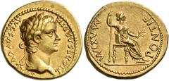 ROMAN COINS Tiberius, 14-37. Aureus (Gold, 19 mm, 7.76 g, 8 h), Lugdunum, late 20s-early 30s. TI CAESAR DIVI AVG F AVGVSTVS Laureate head of Tiberius to right. Rev. PONTIF MAXIM Female figure (Livia?)