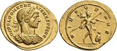 ROMAN COINS Aurelian, 270-275. Aureus (Gold, 22 mm, 4.53 g, 12 h), Mediolanum, 3rd emission, mid-end 272. IMP C L DOM AURELIANVS P F AVG Laureate and cuirassed bust of Aurelian to right. Rev. VIRTVS A