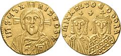 LATE ROMAN AND BYZANTINE COINS Michael III "the Drunkard", with Theodora, 842-867. Solidus (Gold, 20 mm, 4.34 g, 6 h), Constantinople, 843-856. IhSЧS X-RISTOS* Bearded, draped bust of Christ facing wi