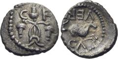 Celtic CELTIC, Britain. Atrebates & Regni. Verica, circa AD 10-40. Minim (Silver, 9 mm, 0.34 g, 5 h), Minim, 'Acorns' type. C-F Three intertwined acorns. Rev. VER-ICA Hippocamp to right. ABC 1325. BMC