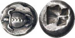 Greek ISLANDS OFF ATTICA, Aegina. Circa 550-530/25 BC. Stater (Silver, 18 mm, 12.16 g). Smooth-shelled turtle, with a collar and a line of five pellets down the center of the shell. Rev. Irregular inc