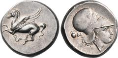 Greek CORINTHIA. Corinth. Circa 375-300 BC. Stater (Silver, 20 mm, 8.66 g, 9 h). Ϙ Pegasus flying to left. Rev. Head of Aphrodite to right, wearing Corinthian helmet with a leather neck guard; behind 