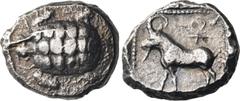 Greek CYPRUS. Uncertain mint. Circa 480/475-460 BC. Stater (Silver, 22 mm, 11.45 g, 4 h). Land tortoise. Rev. Wild goat standing left, with tall curved horn and a long beard; above to right, ankh; all