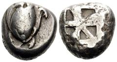 Greek ISLANDS OFF ATTICA, Aegina. Circa 500/490-480 BC. Stater (Silver, 18 mm, 12.46 g). Sea turtle with trefoil collar and line of pellets down the back of its shell. Rev. Square incuse with small sk