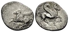 Greek CORINTHIA. Corinth. Circa 400-375 BC. Diobol (Silver, 13.5 mm, 0.77 g, 9 h). Ϙ Pegasos with spread wings flying to left. Rev. A-Λ Pegasos with curved wings standing right on a stepped plinth. BC