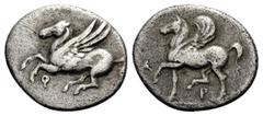 Greek CORINTHIA. Corinth. Circa 400-375 BC. Diobol (Silver, 11 mm, 0.80 g, 11 h). Ϙ Pegasos with spread wings flying to left. Rev. A-P Pegasos with curved wings standing left on a stepped plinth. Cf. 