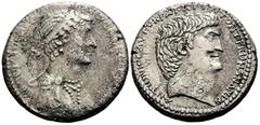 Roman Republican & Imperatorial Mark Antony and Cleopatra. Tetradrachm (Silver, 26 mm, 15.02 g, 12 h), Antioch on-the-Orontes, 36 BC. ΒΑCΙΛΙCCΑ ΚΛΕΟΠΑΤΡΑC ΘΕΑ ΝΕΩΤΕΡΑ Diademed bust of Cleopatra to rig