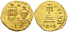Byzantine Constans II, with Constantine IV, 641-668. Solidus (Gold, 20 mm, 4.39 g, 6 h), Constantinople, 8th officina (H), 654-659. dN CONSTANTINUS C CONSTANTIN Crowned, with cross on circlet, draped 