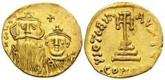 Byzantine Constans II, with Constantine IV, 641-668. Solidus (Gold, 19 mm, 4.31 g, 7 h), Constantinople, 5th officina (E), 654-659. dN CONSTANTINUS C CONSTANTIN Crowned, with cross on circlet, draped 