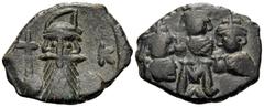 Byzantine Constans II, with Constantine IV, Heraclius, and Tiberius, 641-668. 40 Nummia or Follis (Bronze, 22 mm, 4.42 g, 7 h), Constantinople, 1st officina, 666-668. Bust of Constans facing, wearing 