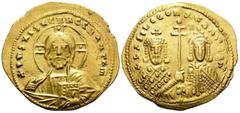 Byzantine Basil II Bulgaroktonos, with Constantine VIII, 976-1025. Histamenon nomisma (Gold, 24 mm, 4.36 g, 6 h), Constantinople, 977-989. +IhS XIS REX REGNANTIhM Bust of Christ Pantocrator facing, we