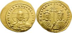 Byzantine Basil II Bulgaroktonos, with Constantine VIII, 976-1025. Histamenon nomisma (Gold, 25.5 mm, 4.36 g, 6 h), Constantinople, 989-1001. +IhS XIS REX REGNANTIhM Bust of Christ Pantocrator facing,